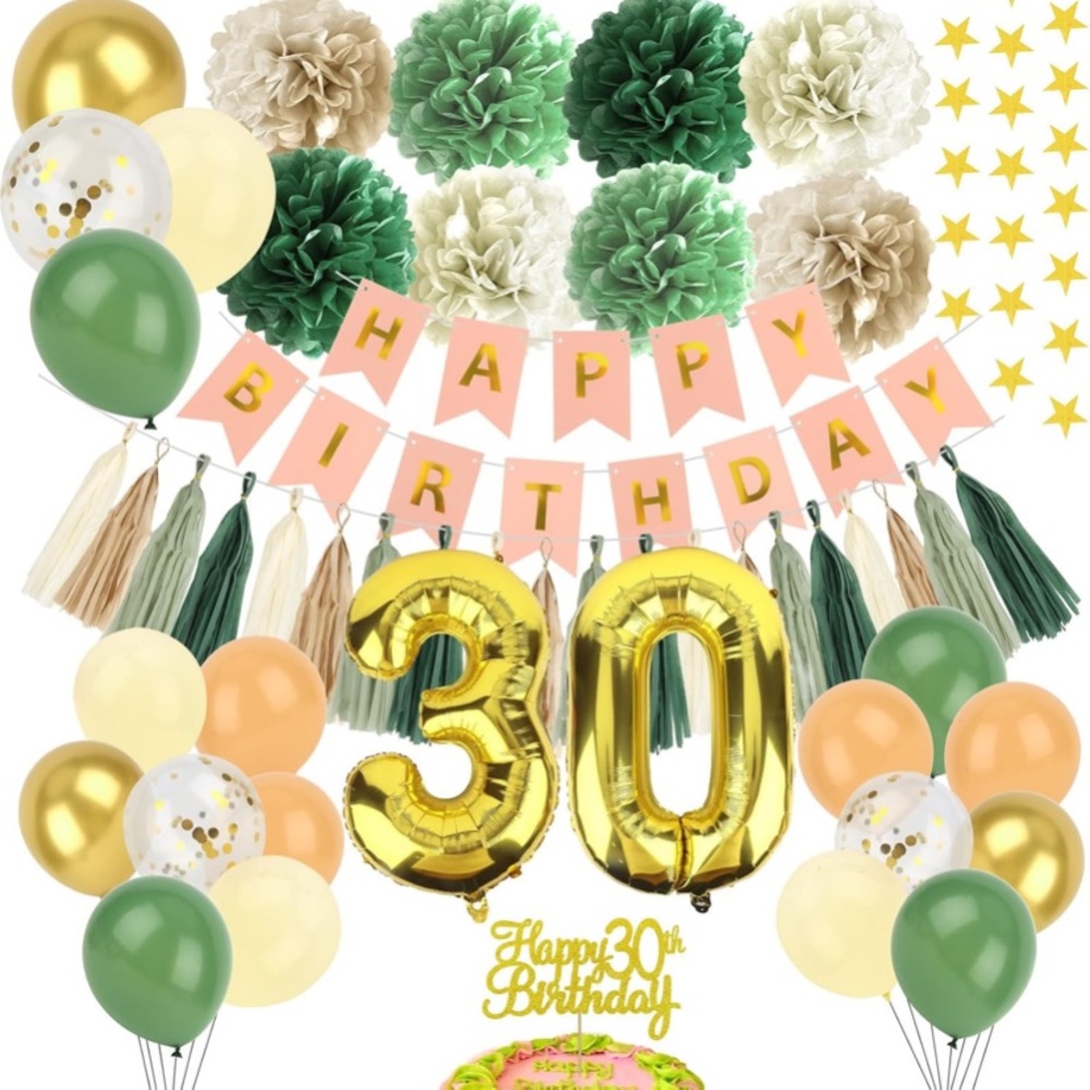Gold and Green 30th Birthday Party Decoration Set sage balloons banners tassel